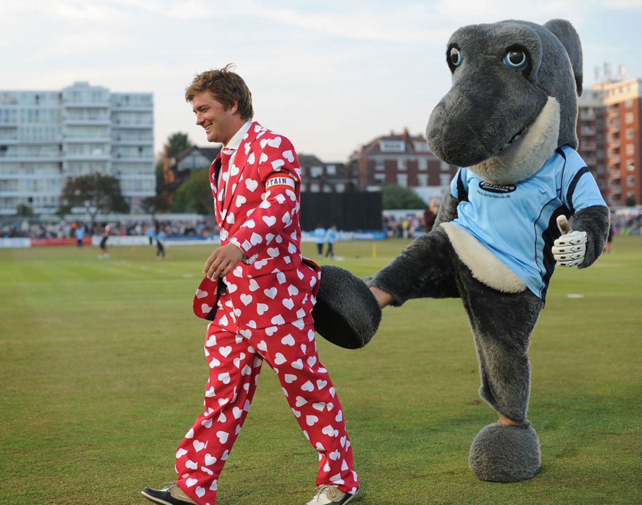 A fan gets the boot by the Sussex Sharks mascot, Sussex v Hampshire, FLt20, South Group, Hove, July 5, 2013