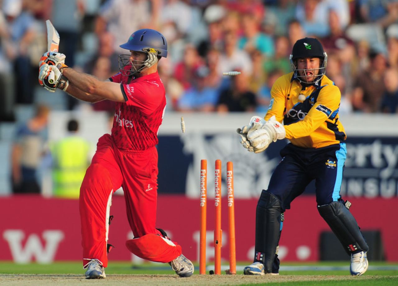 Simon Katich was bowled by Rich Pyrah, Yorkshire v Lancashire, FLt20, North Group, Headingley, July 5, 2013