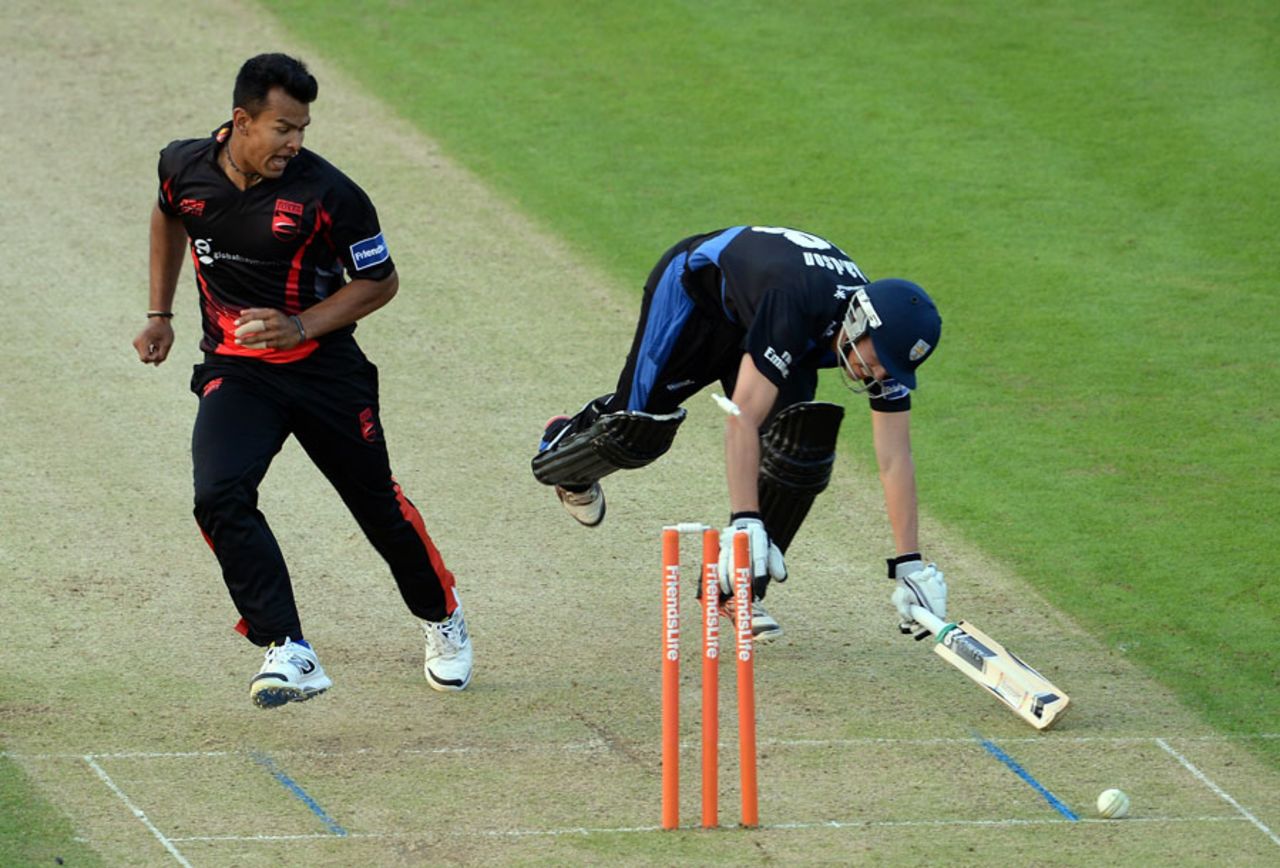Shiv Thakor catches Michael Richardson short of his ground, Leicestershire v Durham, FLt20, North Group, Grace Road, July 5, 2013