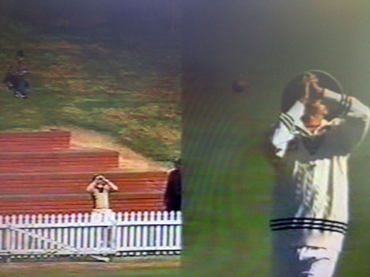 A split screen shows a spectator taking a catch (on the left) and Chris Martin dropping one (on the right), New Zealand v Zimbabwe, Only Test, Wellington, 5th day, December 30, 2000