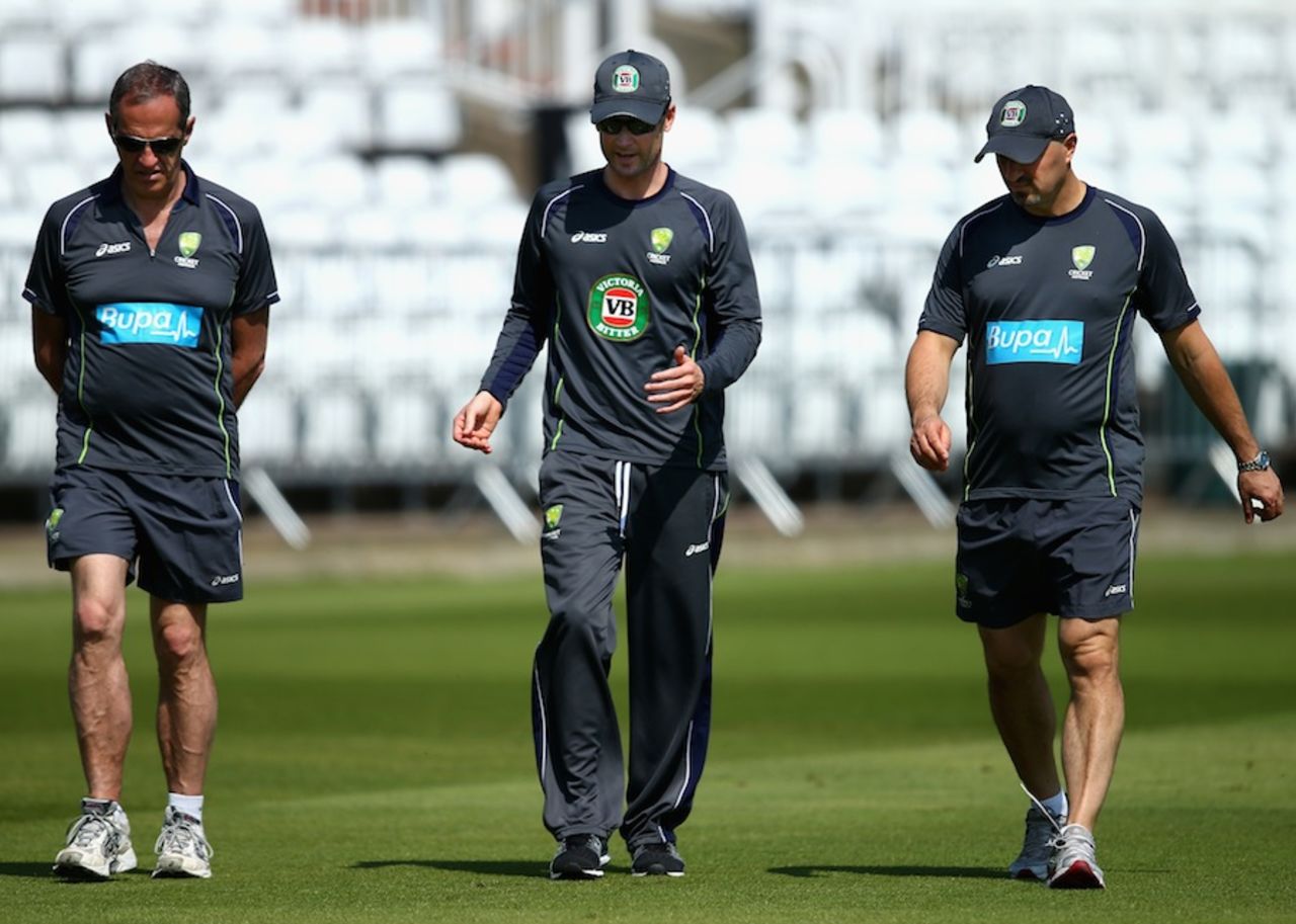 Michael Clarke with physiotherapist Alex Kontouris and team doctor Peter Brukner, July 7, 2013