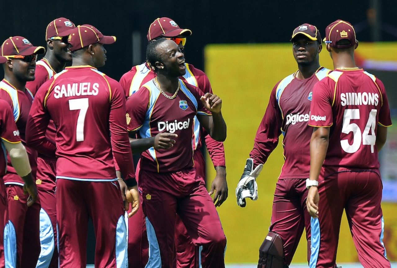 Kemar Roach celebrates his second wicket, West Indies v Sri Lanka, West Indies tri-series, Port of Spain, July 7, 2013