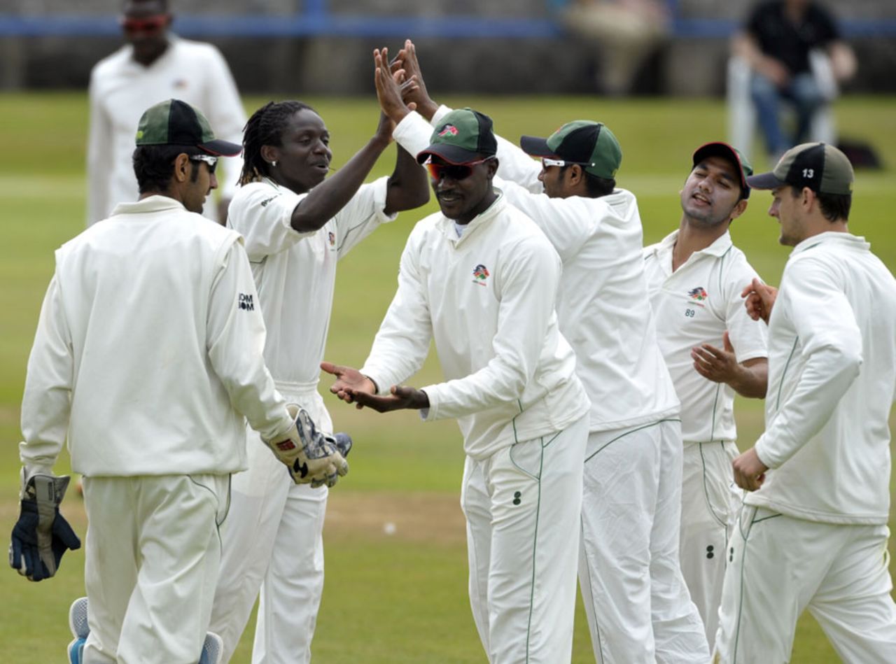 Nehemiah Odhiambo (second from left) celebrates a wicket, Scotland v Kenya, ICC Intercontinental Cup, 1st day, Aberdeen, July 7, 2013