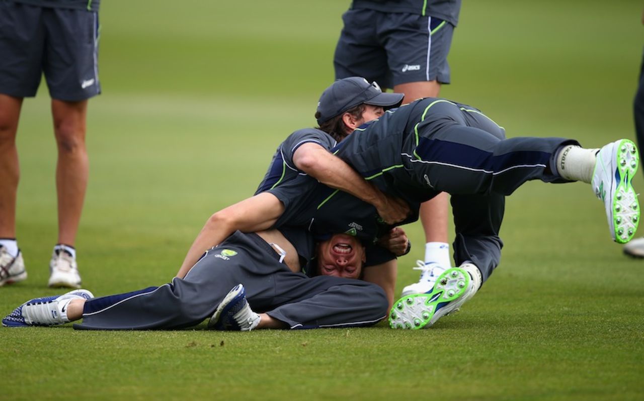 James Pattinson wrestles with a support staff member, Trent Bridge, July 8, 2013