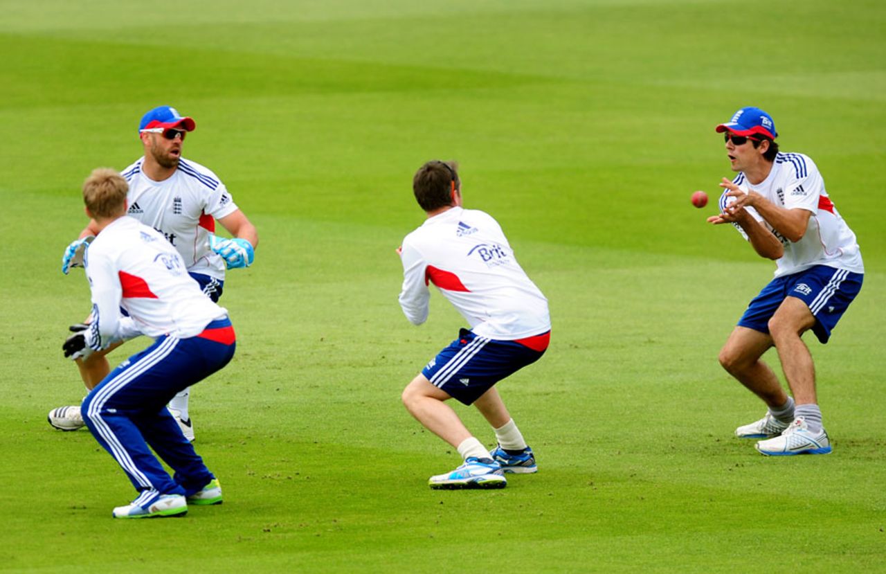 Joe Root joins Matt Prior, Graeme Swann and Alastair Cook for slip catching practice, Trent Bridge, July 8, 2013