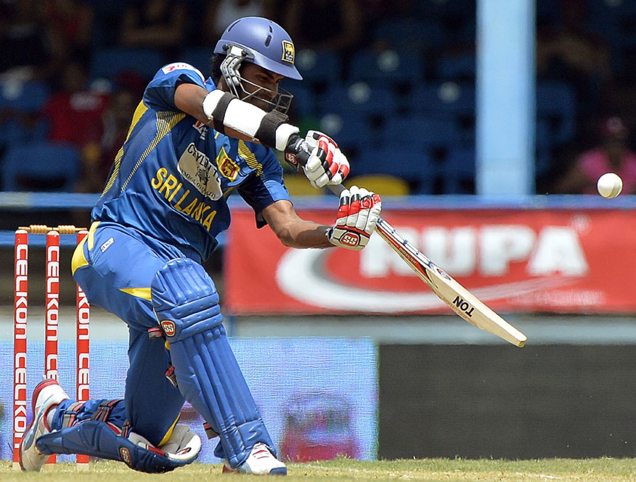 Lahiru Thirimanne tries to go over cover, West Indies v Sri Lanka, West Indies tri-series, Port-of-Spain, July 8, 2013