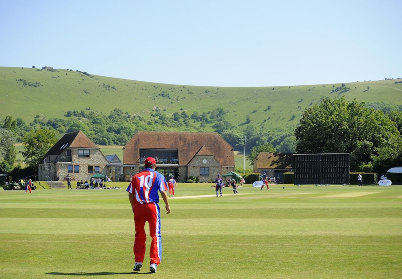A view of the ground while a Jersey player fields, France v Jersey, ICC European Championship Division 1, Fulking, July 8, 2013