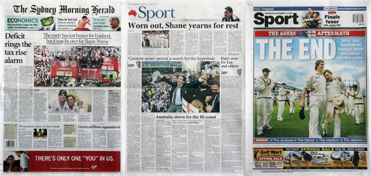 Headlines in Australian newspapers after the team conceded the Ashes, September 14, 2005
