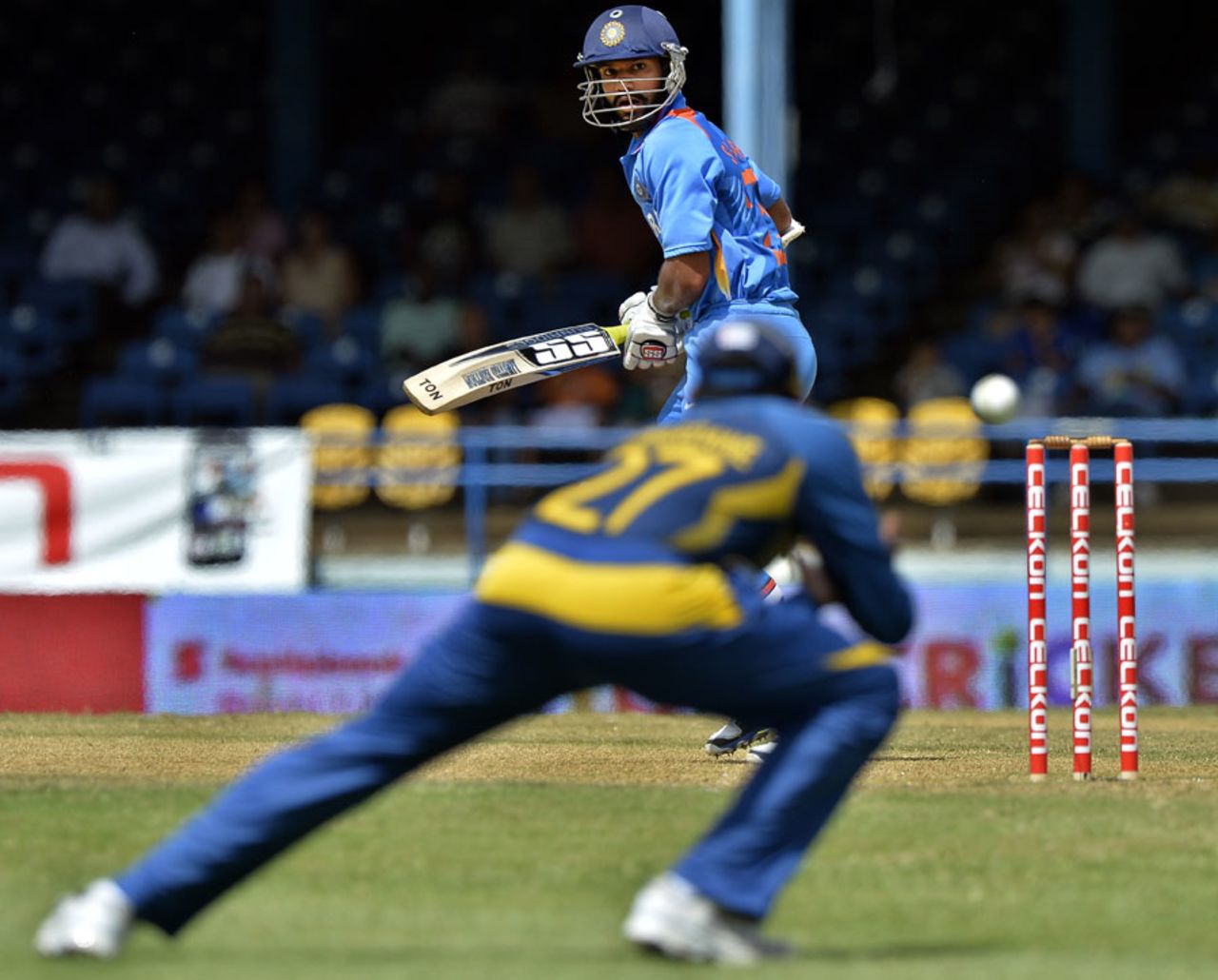 Mahela Jayawardene about to pouch Shikhar Dhawan's edge, India v Sri Lanka, West Indies tri-series, Kingston, July 9, 2013
