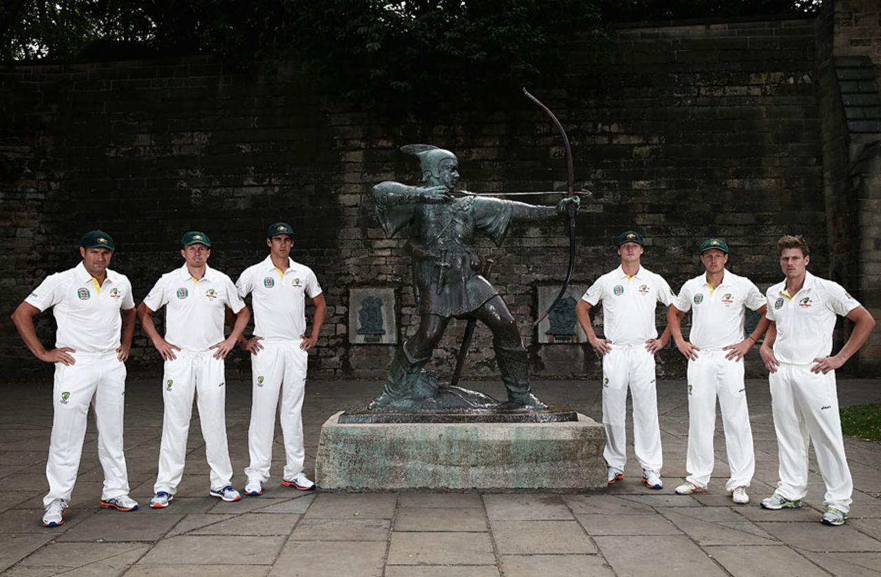 Australia's merry men: the fast bowlers pose at Nottingham Castle, Nottingham, July 8, 2013