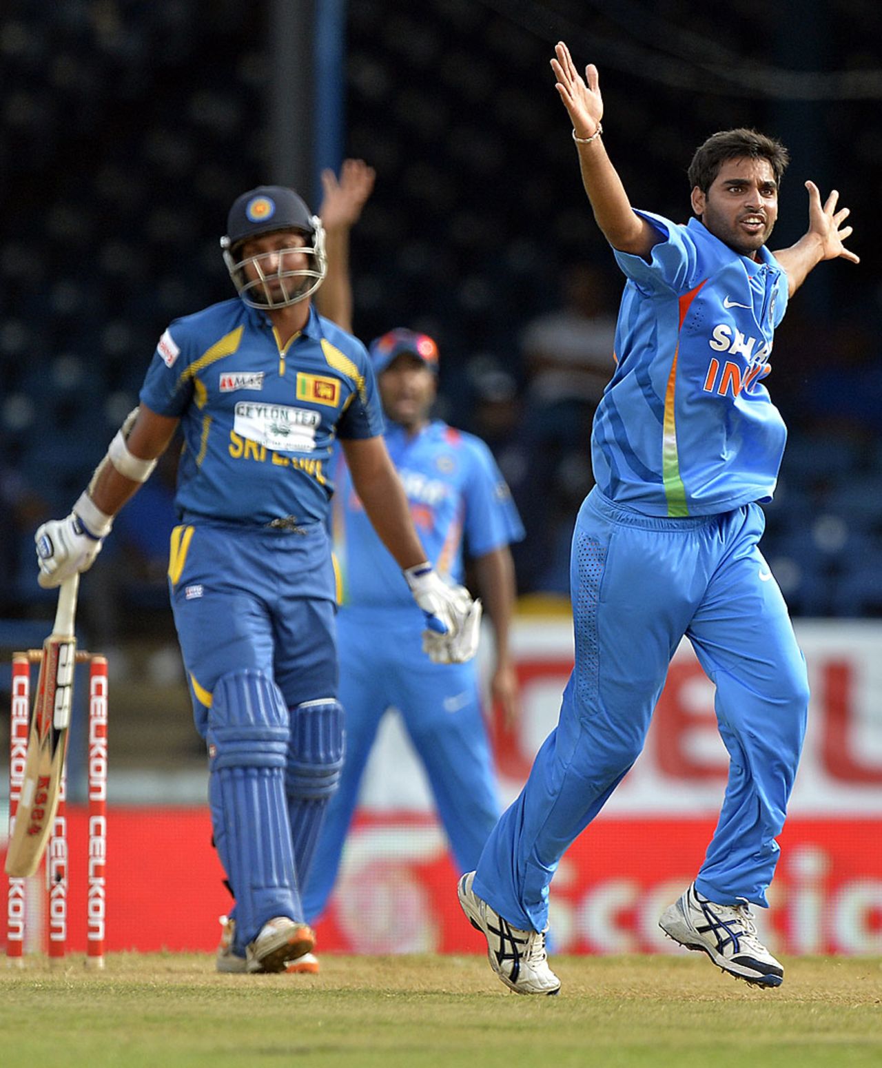 Bhuvneshwar Kumar wins an lbw appeal against Kumar Sangakkara, India v Sri Lanka, West Indies tri-series, Port-of-Spain, July 9, 2013
