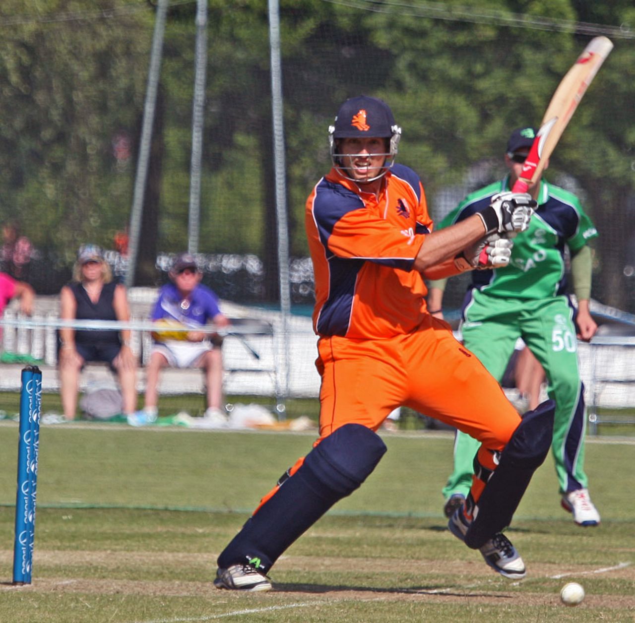 Daan van Bunge cuts the ball during his innings of 45, Netherlands v Ireland, WCL Championship, Amstelveen, July 9, 2013