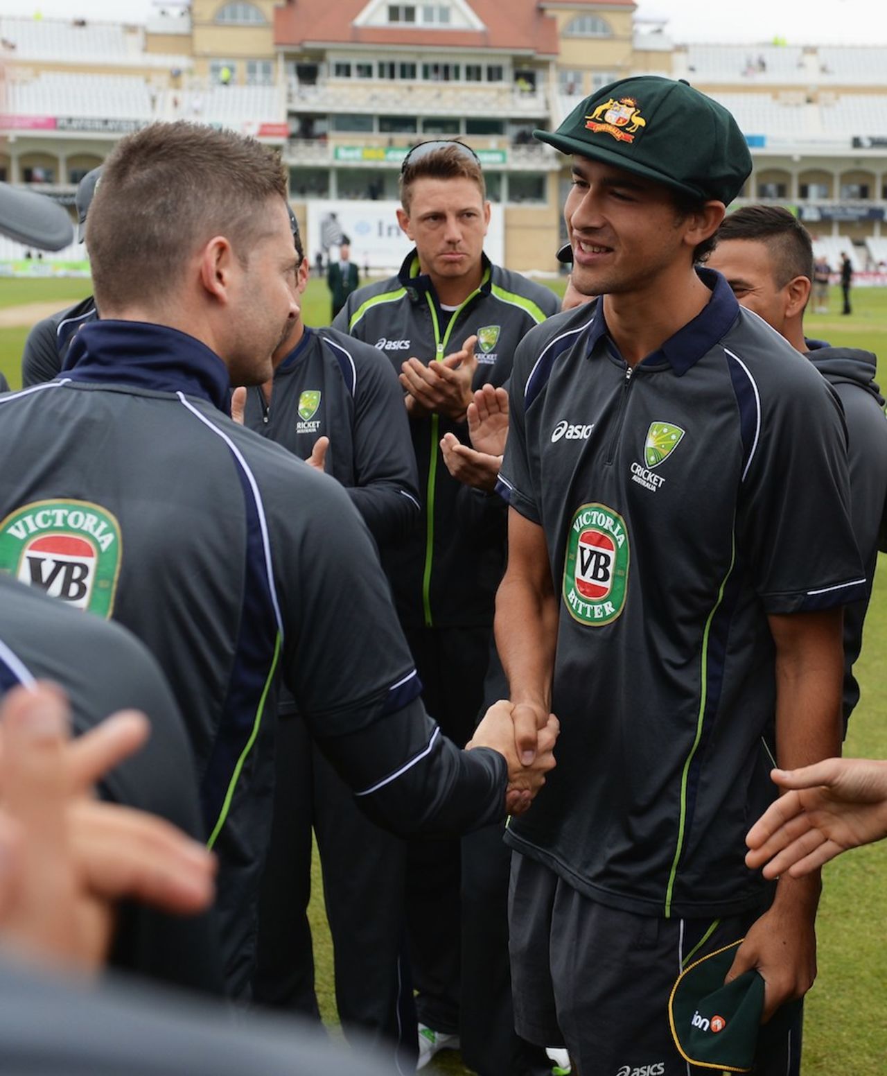 Michael Clarke shakes hands with Ashton Agar, Australia's newest Test cricketer, England v Australia, 1st Investec Test, Trent Bridge, 1st day, July 10, 2013