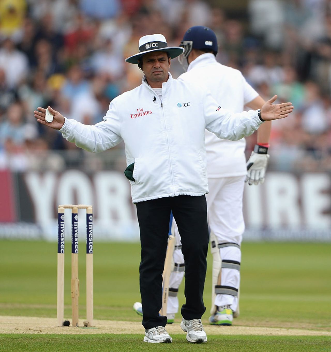 Aleem Dar signals a wide off the first ball of the series, England v Australia, 1st Investec Test, Trent Bridge, 1st day, July 10, 2013