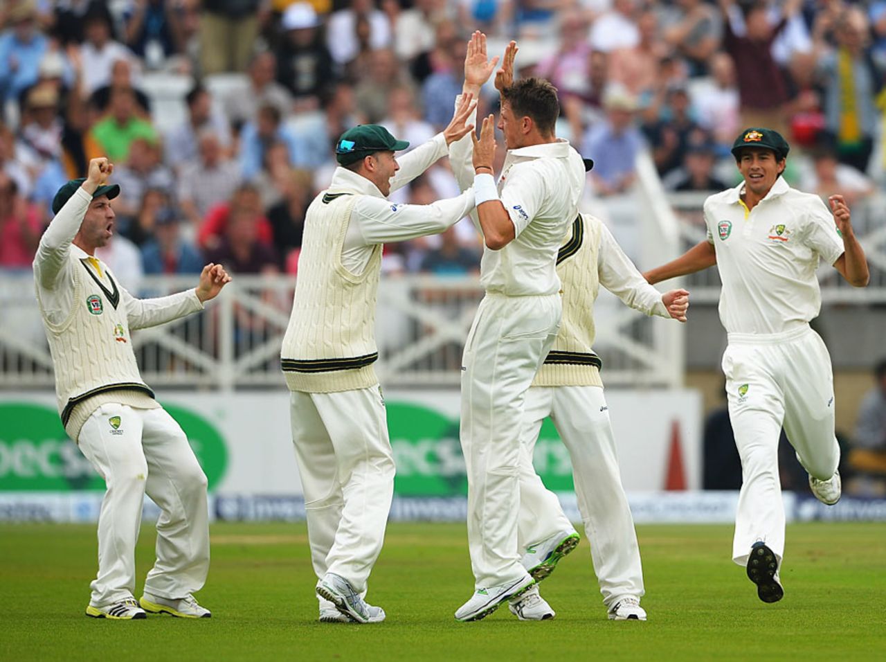 Australia celebrate the early wicket of Alastair Cook, England v Australia, 1st Investec Test, Trent Bridge, 1st day, July 10, 2013