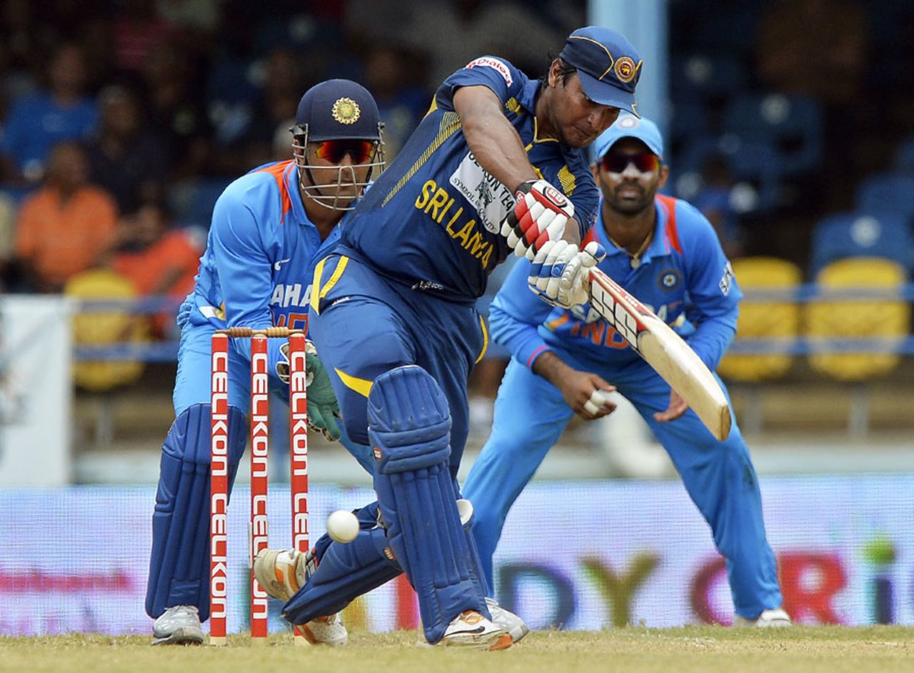 Kumar Sangakkara hits the ball into the leg side, India v Sri Lanka, tri-series final, Port-of-Spain, July 11, 2013