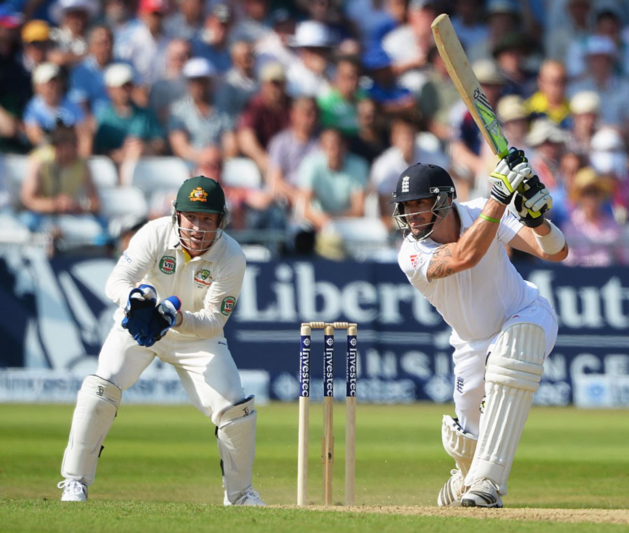 Kevin Pietersen leans into a drive, England v Australia, 1st Investec Test, Trent Bridge, 2nd day, July 11, 2013