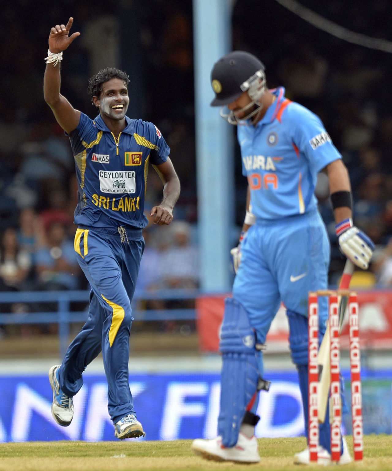 Shaminda Eranga signals the end of Virat Kohli, India v Sri Lanka, tri-series final, Port-of-Spain, July 11, 2013
