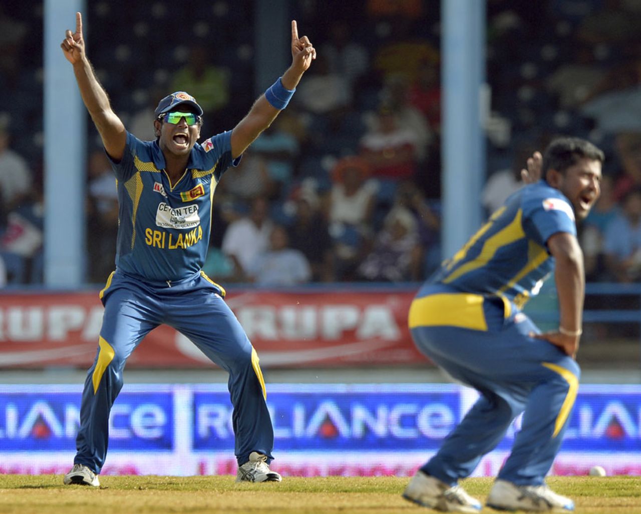 Angelo Mathews and Rangana Herath successfully appeal for the wicket of Ravindra Jadeja, India v Sri Lanka, tri-series final, Port-of-Spain, July 11, 2013