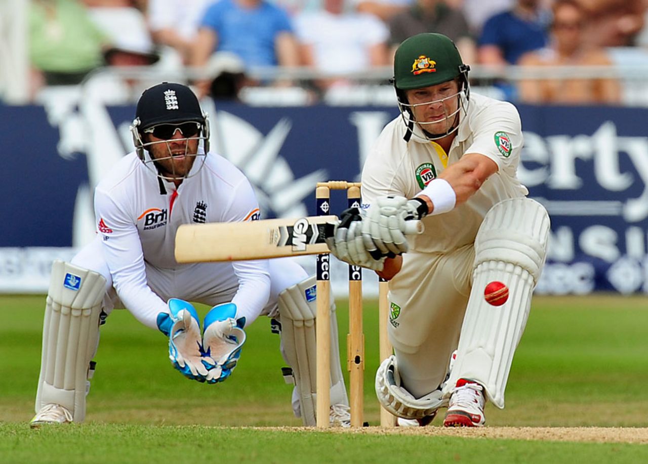 Shane Watson sweeps during his 46, England v Australia, 1st Investec Test, Trent Bridge, 4th day, July 13, 2013