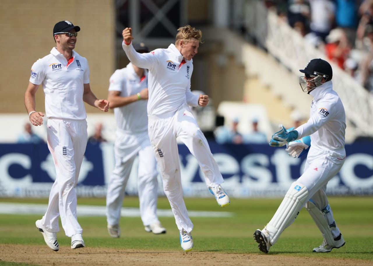 Joe Root is ecstatic after dismissing Ed Cowan on the stroke of tea, England v Australia, 1st Investec Test, Trent Bridge, 4th day, July 13, 2013