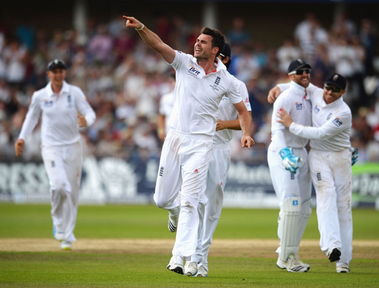 James Anderson gestures to the balcony after removing Chris Rogers, England v Australia, 1st Investec Test, Trent Bridge, 4th day, July 13, 2013