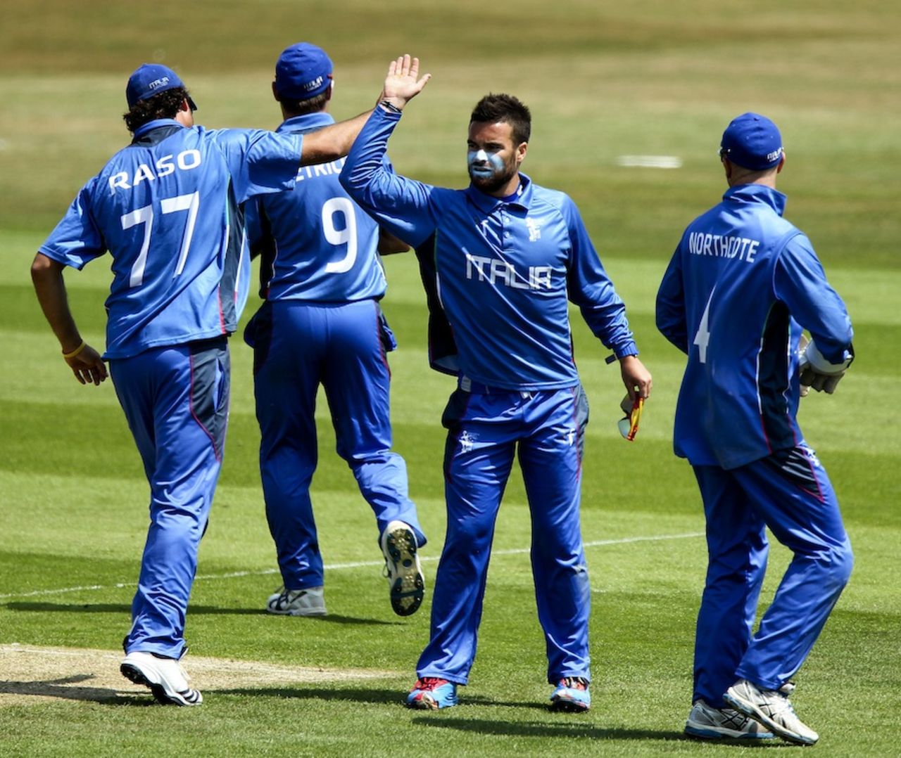 Carl Sandri celebrates a wicket with team-mates, Italy v Jersey, 1st semi-final, ICC European Championship Division One, Hove, July 13, 2013