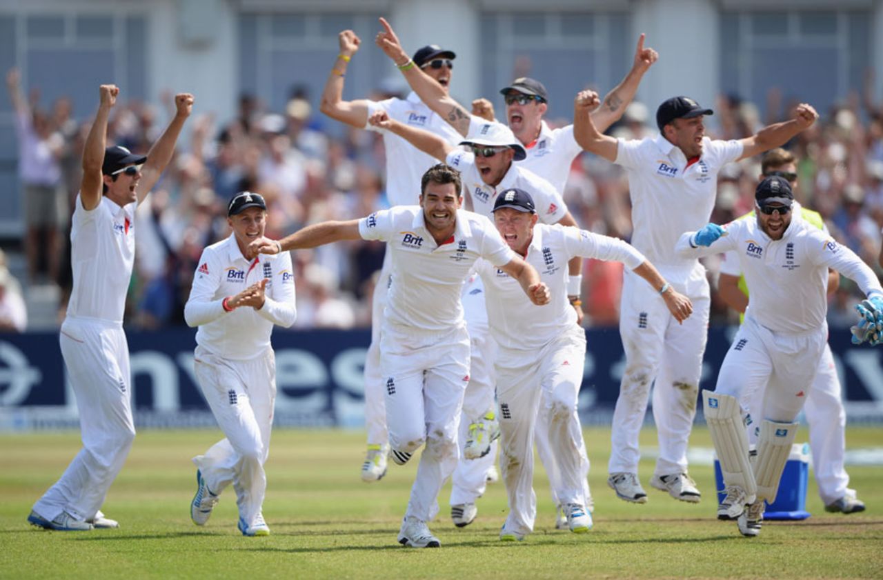 The England team exult after the fall of the final wicket, England v Australia, 1st Investec Test, Trent Bridge, 5th day, July 14, 2013