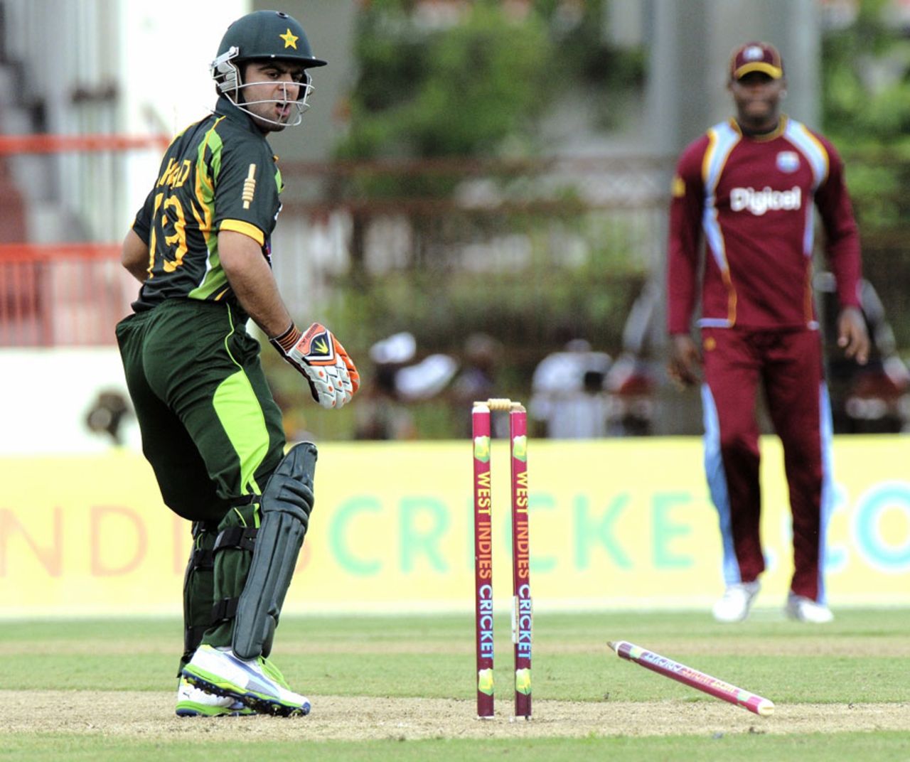 Ahmed Shehzad looks back as his off stump goes for a walk, West Indies v Pakistan, 1st ODI, Providence, July 14, 2013