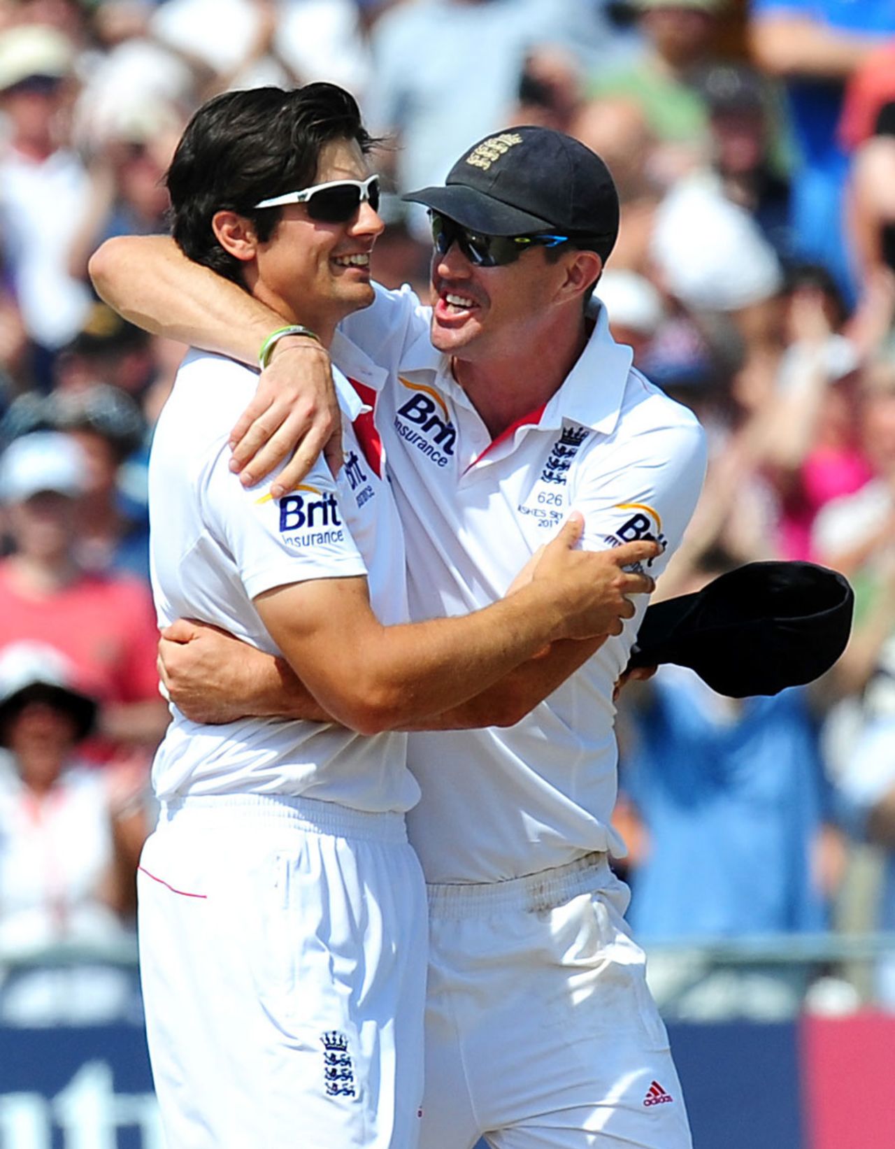 Alastair Cook gets a hug from Kevin Pietersen, England v Australia, 1st Investec Test, Trent Bridge, 5th day, July 14, 2013