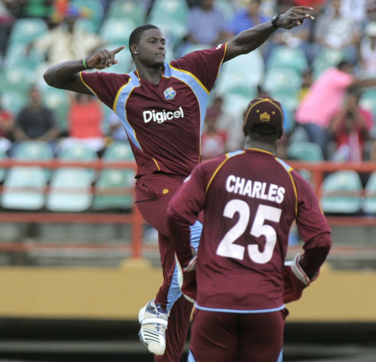 Jason Holder takes off after claiming another wicket, West Indies v Pakistan, 1st ODI, Providence, July 14, 2013