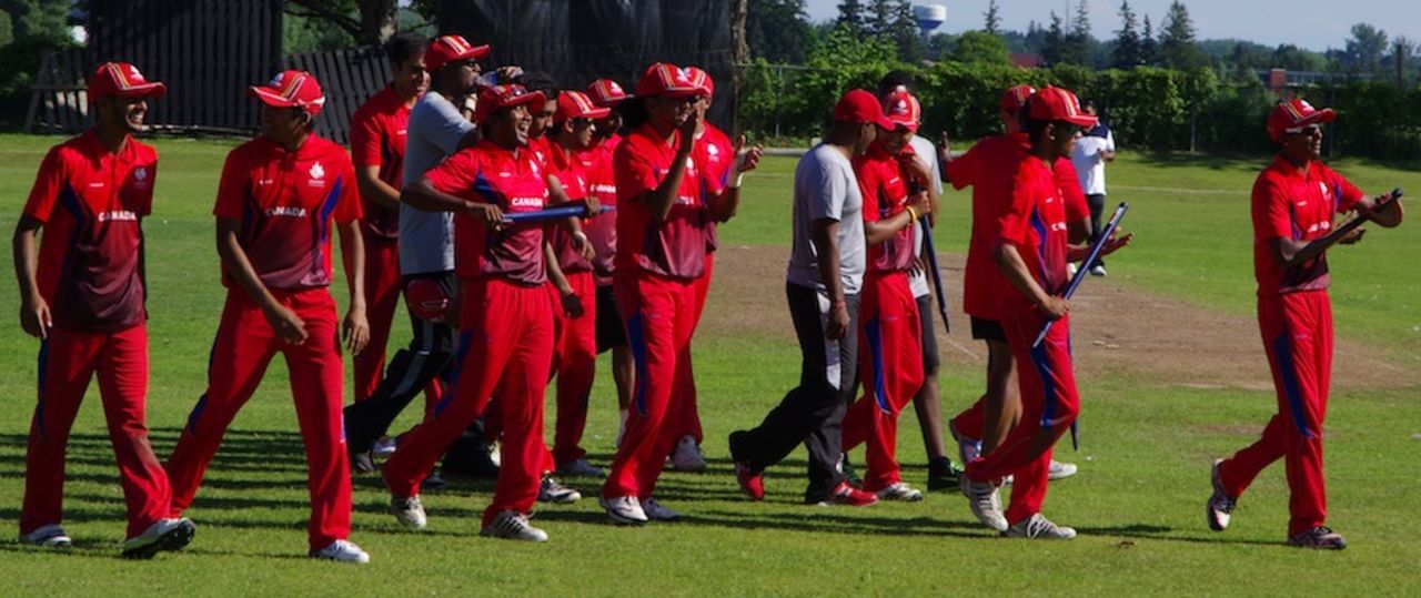 Canada Under-19 players celebrate their 91-run win, Canada Under-19 v Bermuda Under-19, ICC Americas Under-19, King City, July 13, 2013