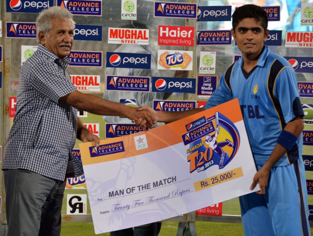 Babar Azam with the Man-of-the-Match award, Sui Northern Gas Pipelines Limited v Zarai Taraqiati Bank Limited, Ramadan T20 Cup, Group B, Karachi, July 14, 2013
