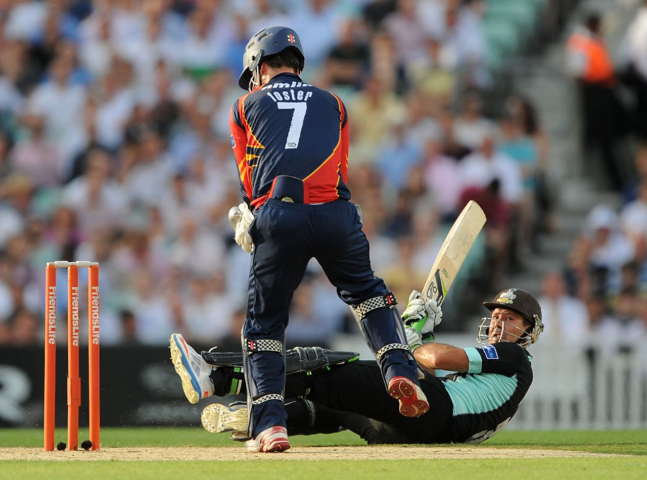 Ricky Ponting rolls out of a scoop shot in acrobatic style, Surrey v Essex, Friends Life t20, The Oval, July 15, 2013