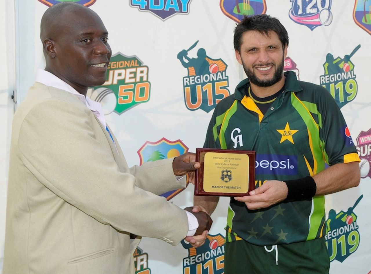 Shahid Afridi was named Man of the Match for his all-round performance, West Indies v Pakistan, 1st ODI, Providence, July 14, 2013
