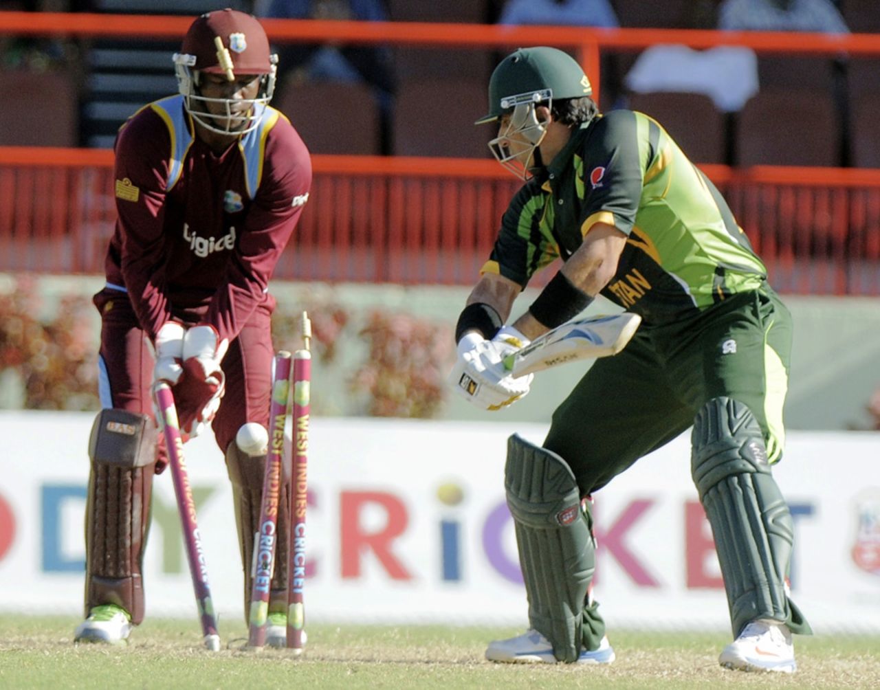 Misbah-ul-Haq is bowled by Darren Sammy, West Indies v Pakistan, 2nd ODI, Providence, July 16, 2013