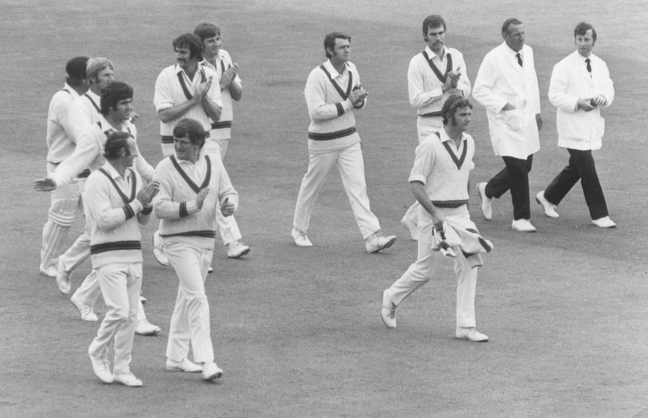 Bob Massie is clapped off the field by his team-mates after he tool 16 for 137, England v Australia, second Test, Lord's, June 23 1972