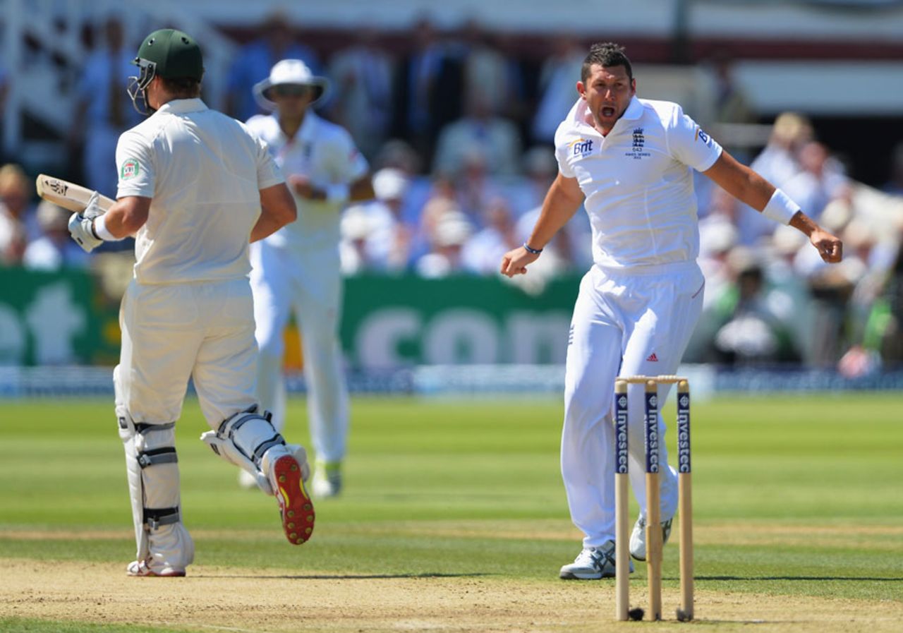 Tim Bresnan roars after trapping Shane Watson in front, England v Australia, 2nd Investec Ashes Test, Lord's, 2nd day, July 19, 2013