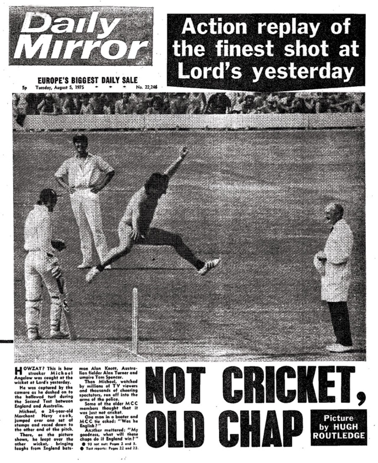Michael Angelow's streak during the Lord's Test makes the front pages, England v Australia, 2nd Test, Lord's August 4, 1975