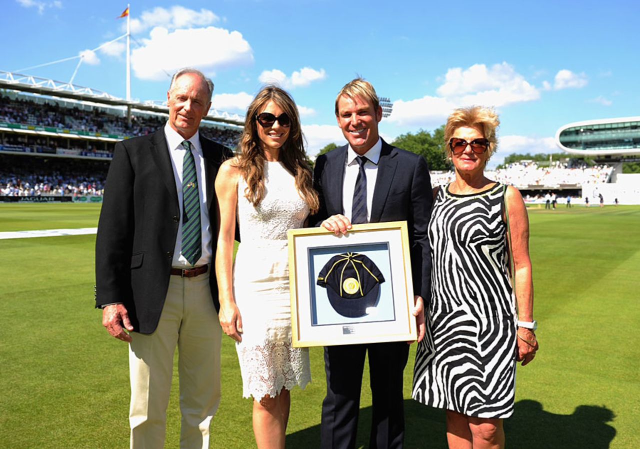 Shane Warne with his parents and fiancee, Liz Hurley, after being inducted into the ICC Hall of Fame, England v Australia, 2nd Investec Ashes Test, Lord's, 2nd day, July 19, 2013