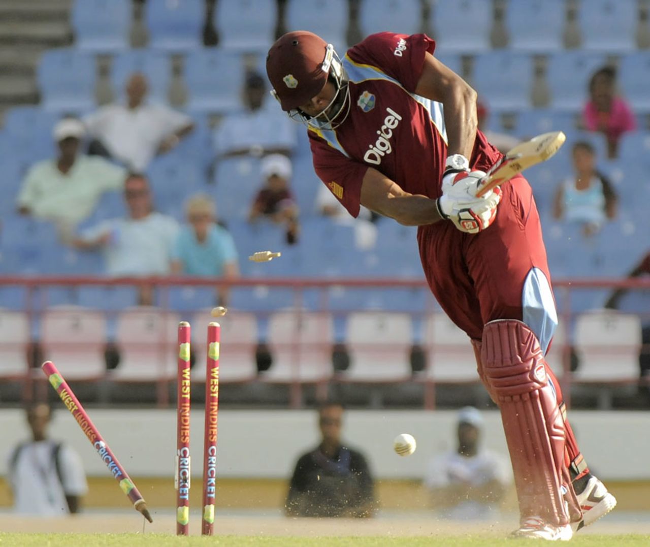 Kieron Pollard is yorked by Junaid Khan, West Indies v Pakistan, 3rd ODI, St Lucia, July 19, 2013