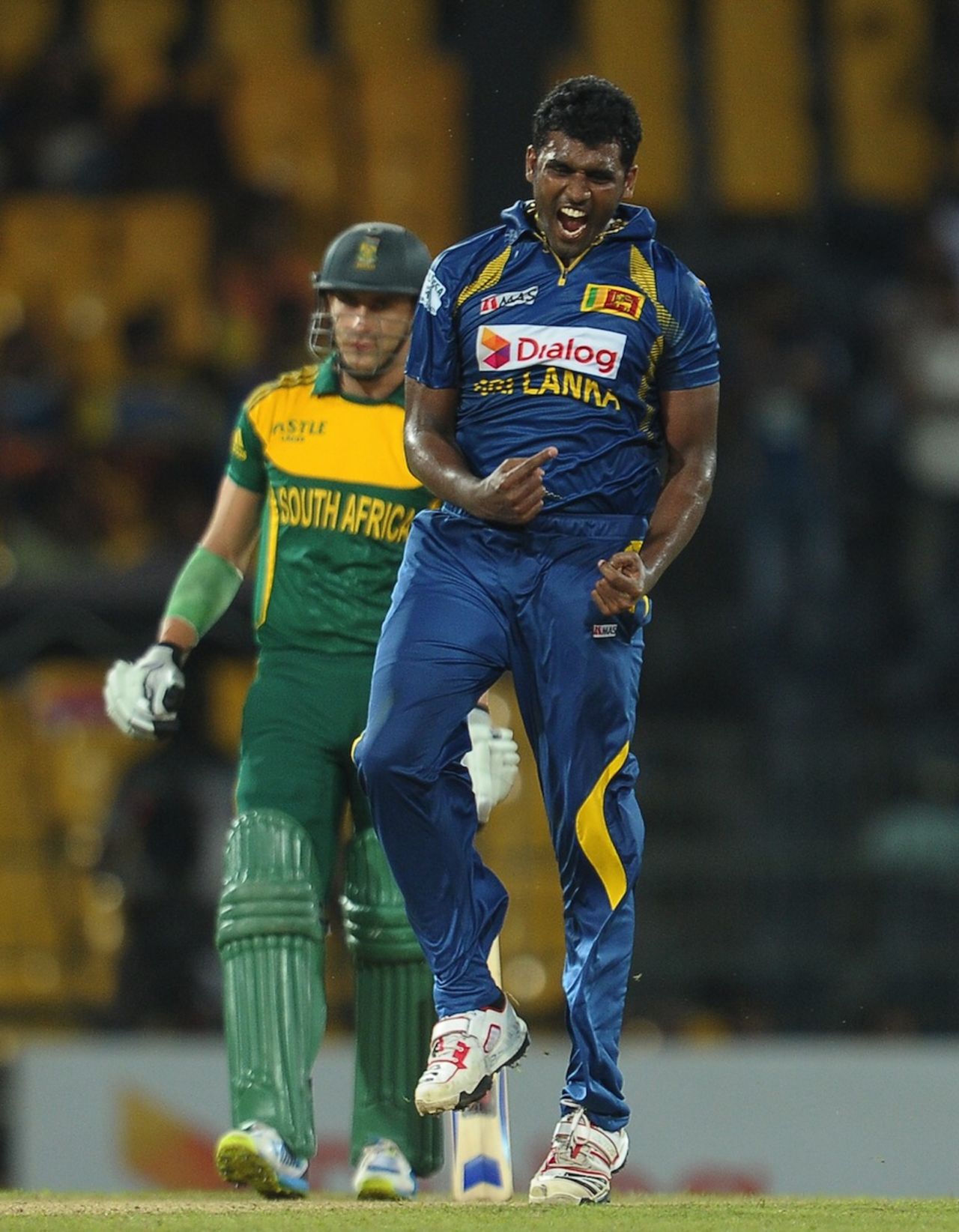 Thisara Perera exults after getting Alviro Petersen caught behind, Sri Lanka v South Africa, 1st ODI, Colombo, July 20, 2013