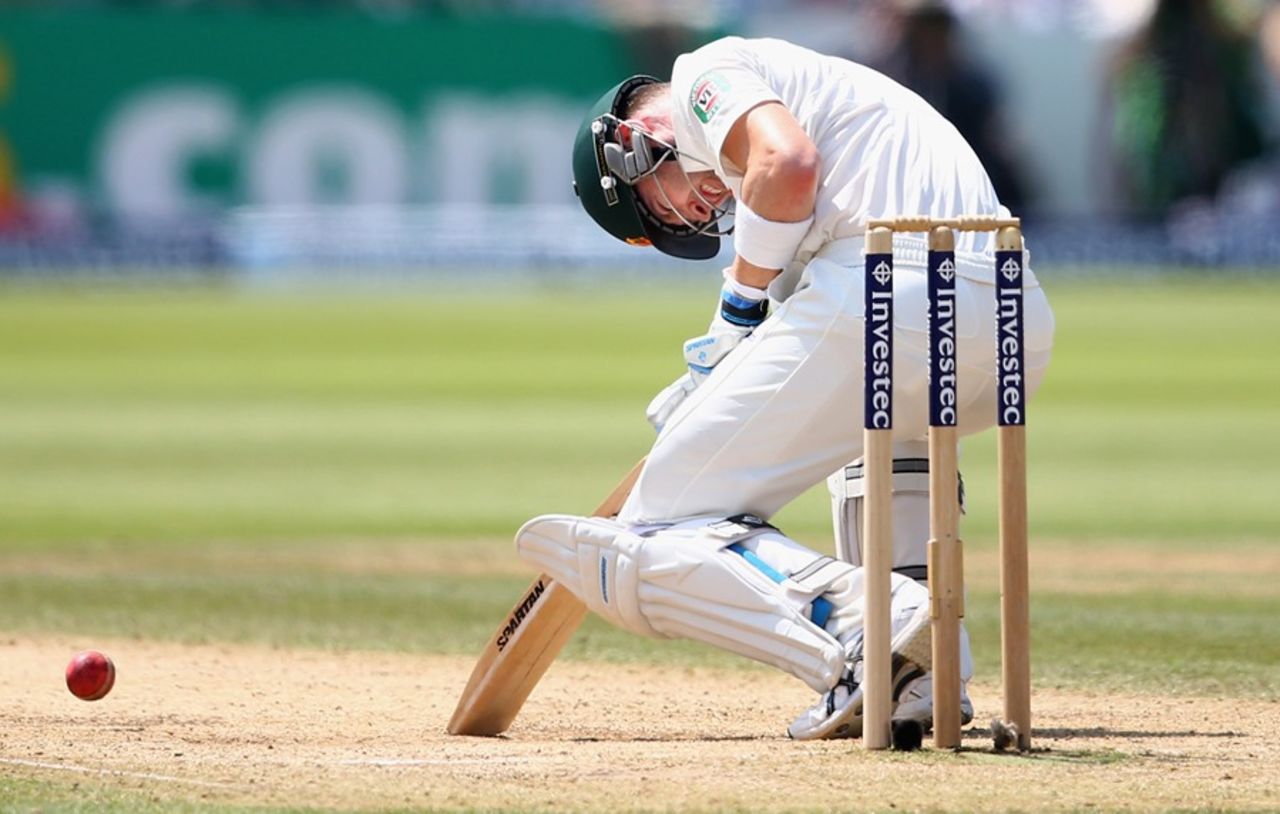 Michael Clarke crumples towards the ground after being struck on the body, England v Australia, 2nd Investec Test, Lord's, 4th day, July 21, 2013