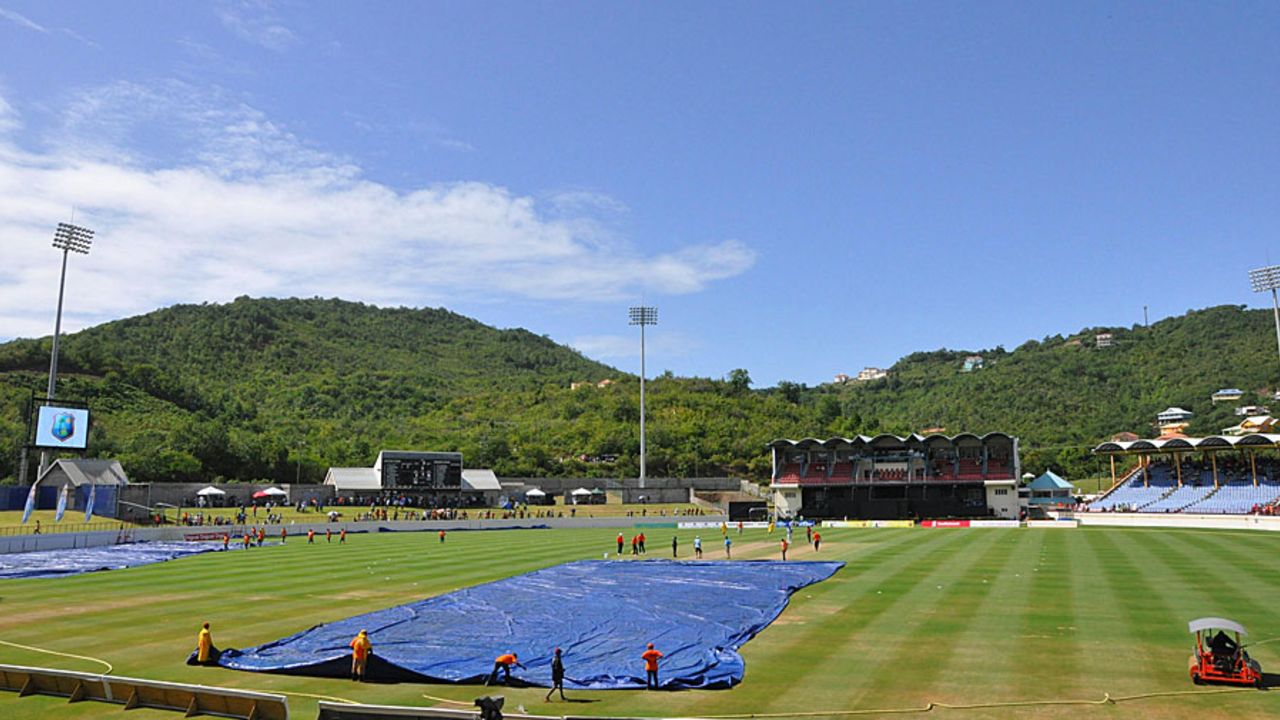 The covers are on at  Beausejour Stadium, West Indies v Pakistan, 4th ODI, St Lucia, July 21, 2013
