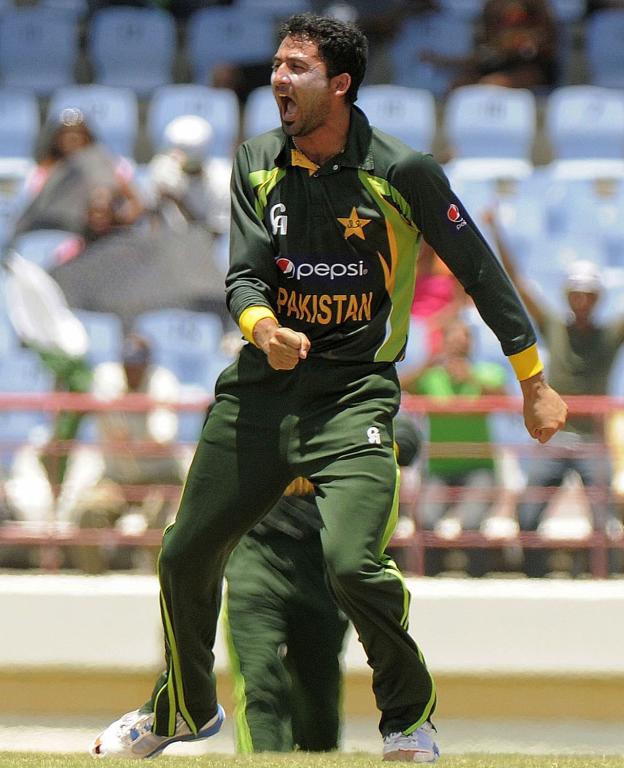 Junaid Khan celebrates after trapping Johnson Charles lbw, West Indies v Pakistan, 4th ODI, St Lucia, July 21, 2013