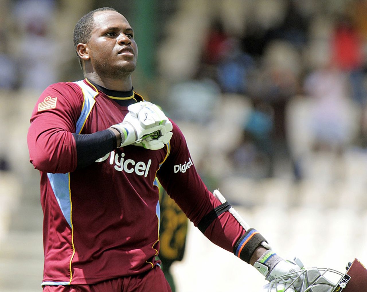 Marlon Samuels beats his chest on reaching his century, West Indies v Pakistan, 4th ODI, St Lucia, July 21, 2013