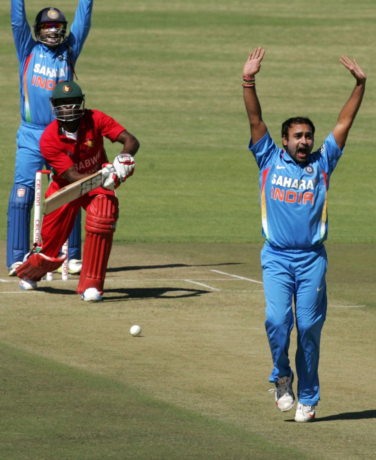 Amit Mishra and Dinesh Karthik appeal for the wicket of Vusi Sibanda, Zimbabwe v India, 1st ODI, Harare, July 24, 2013