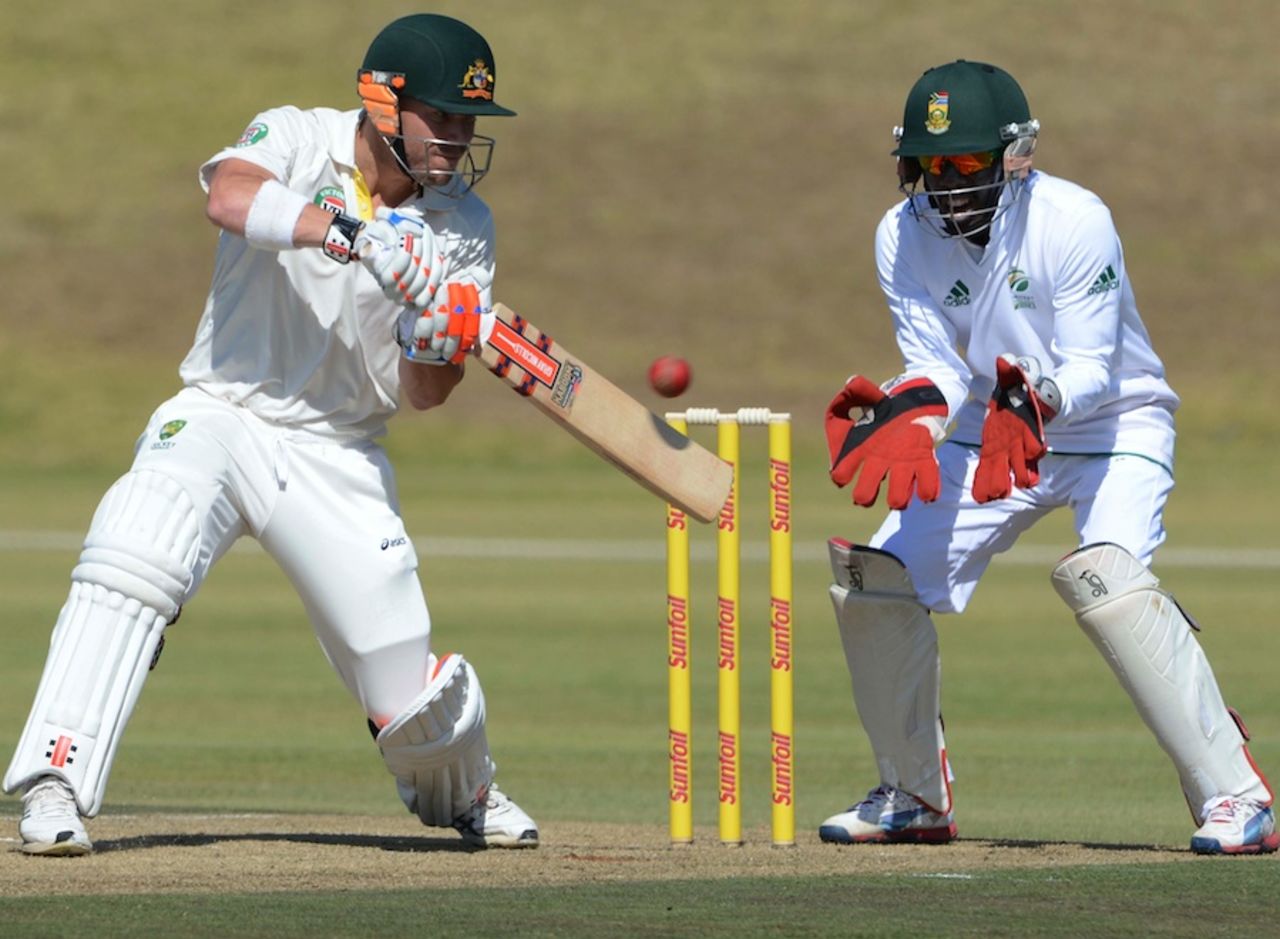 David Warner goes back to cut, South Africa A v Australia A, 1st unofficial Test, Pretoria, 1st day, July 24, 2013