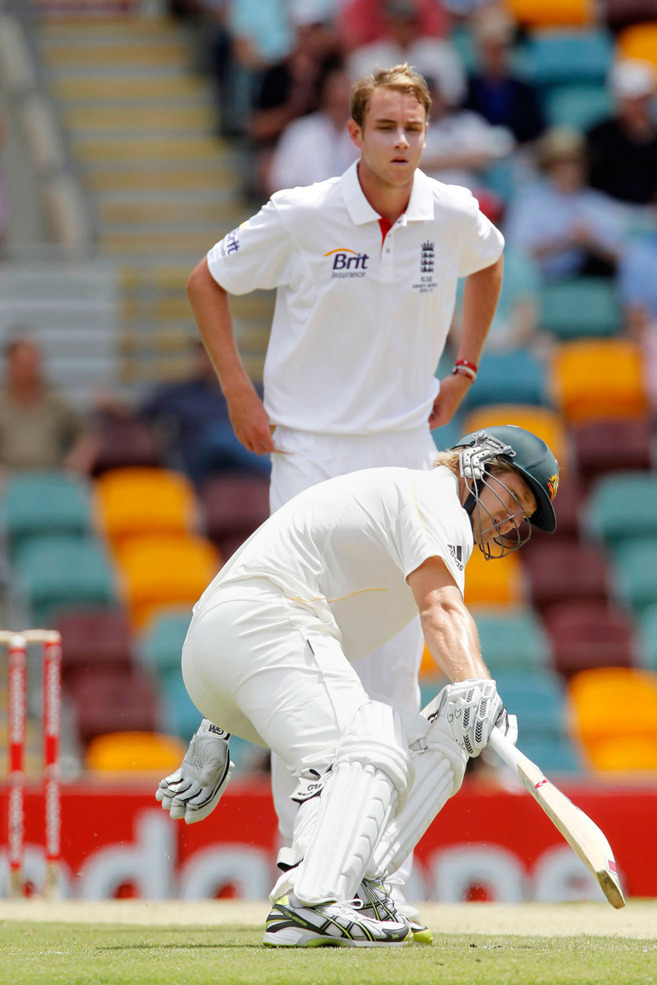 Shane Watson takes a run off Stuart Broad's bowling, Australia v England, 1st Test, Brisbane, 2nd day, November 26, 2010