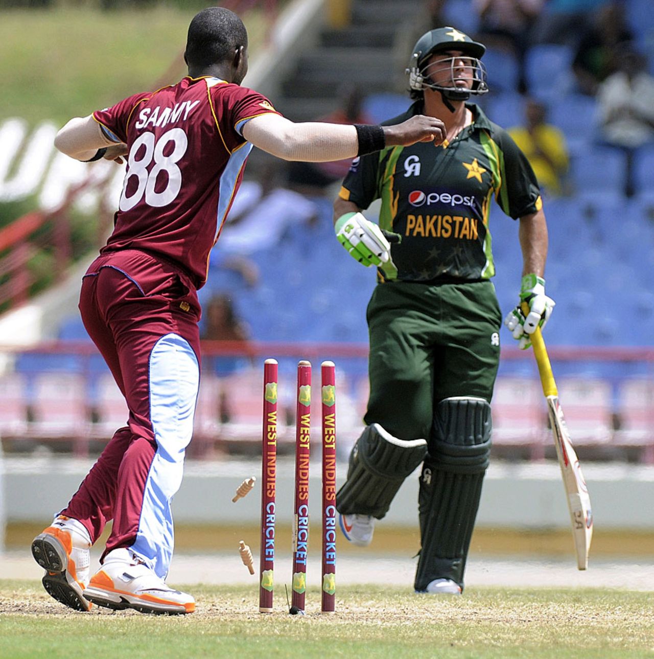 A direct hit sends back Nasir Jamshed, West Indies v Pakistan, 5th ODI, St Lucia, July 24, 2013